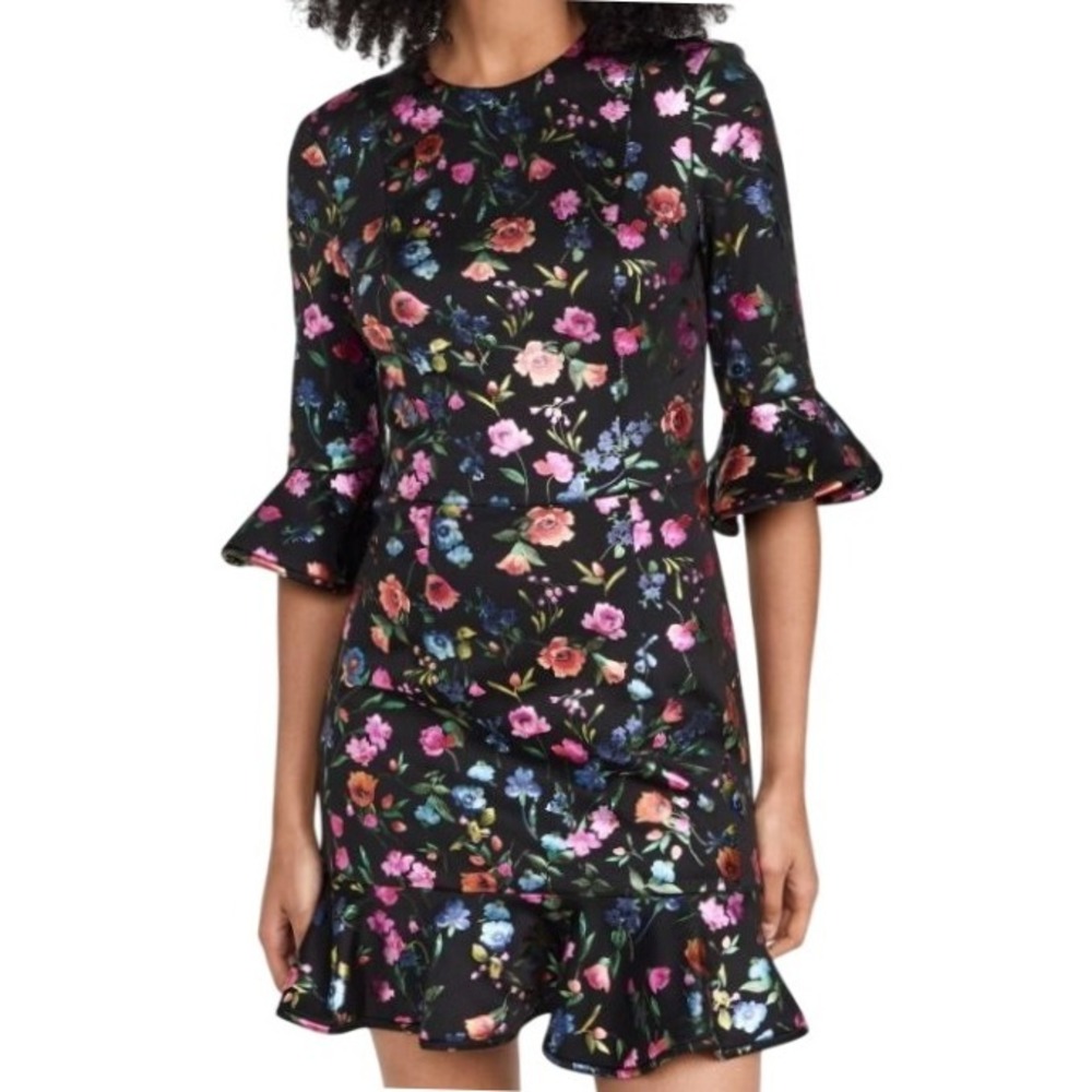Black Halo Cocktail Dress Women's Size 4 Floral Metallic Ruffle Bell Sleeve